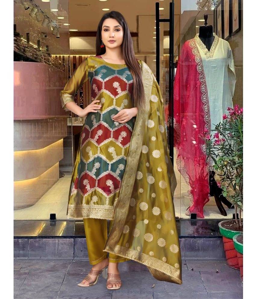 SHNAKHPUSHPI Organza Printed Kurti With Pants Women's Stitched Salwar Suit - Yellow ( Pack of 1 ) SHNAKHPUSHPI Organza Printed Kurti With Pants Women's Stitched Salwar Suit - Yellow ( Pack of 1 )