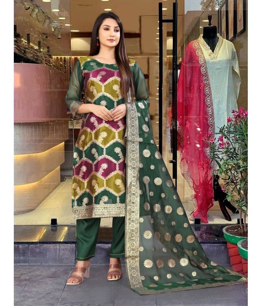 SHNAKHPUSHPI Organza Printed Kurti With Pants Women's Stitched Salwar Suit - Dark Green ( Pack of 1 ) SHNAKHPUSHPI Organza Printed Kurti With Pants Women's Stitched Salwar Suit - Dark Green ( Pack of 1 )