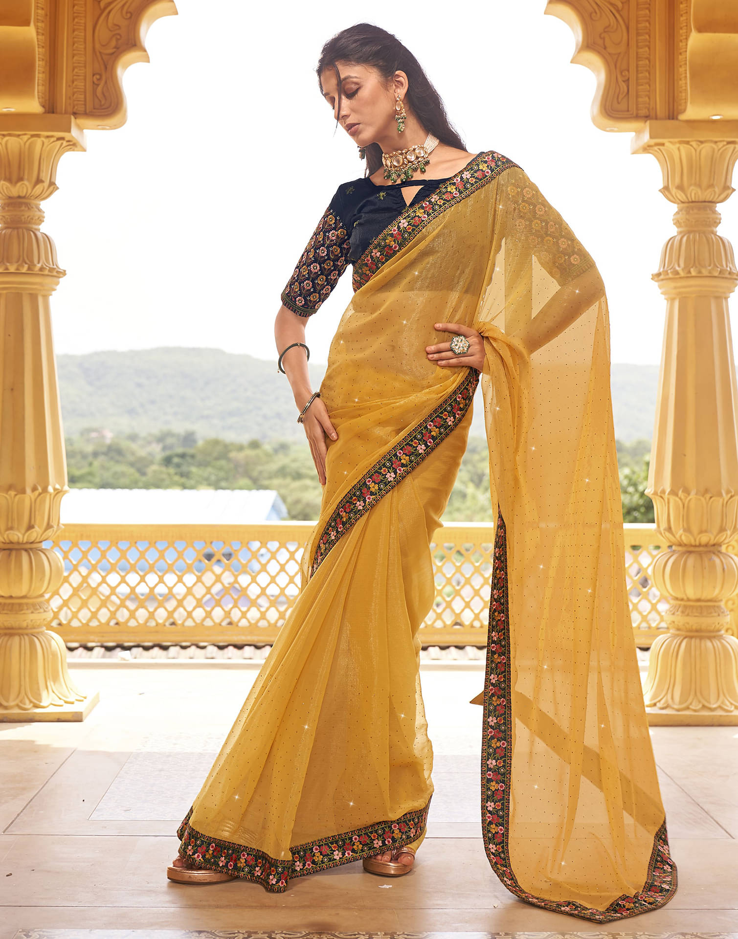 Samah Chiffon Embellished Saree With Unstitched Blouse Piece ( Yellow ) Samah Chiffon Embellished Saree With Unstitched Blouse Piece ( Yellow )