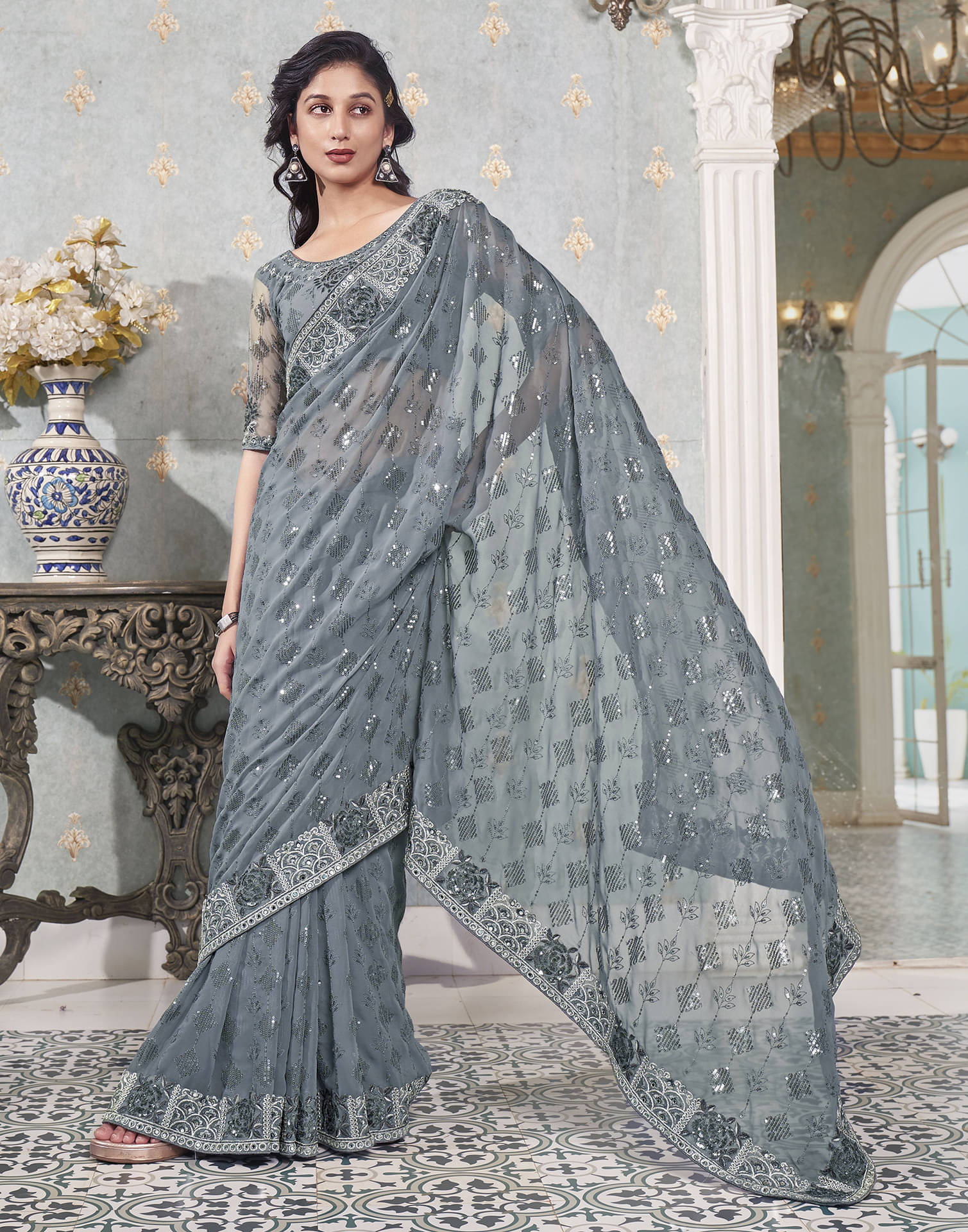 Samah Georgette Embellished Saree With Unstitched Blouse Piece ( Grey ) Samah Georgette Embellished Saree With Unstitched Blouse Piece ( Grey )