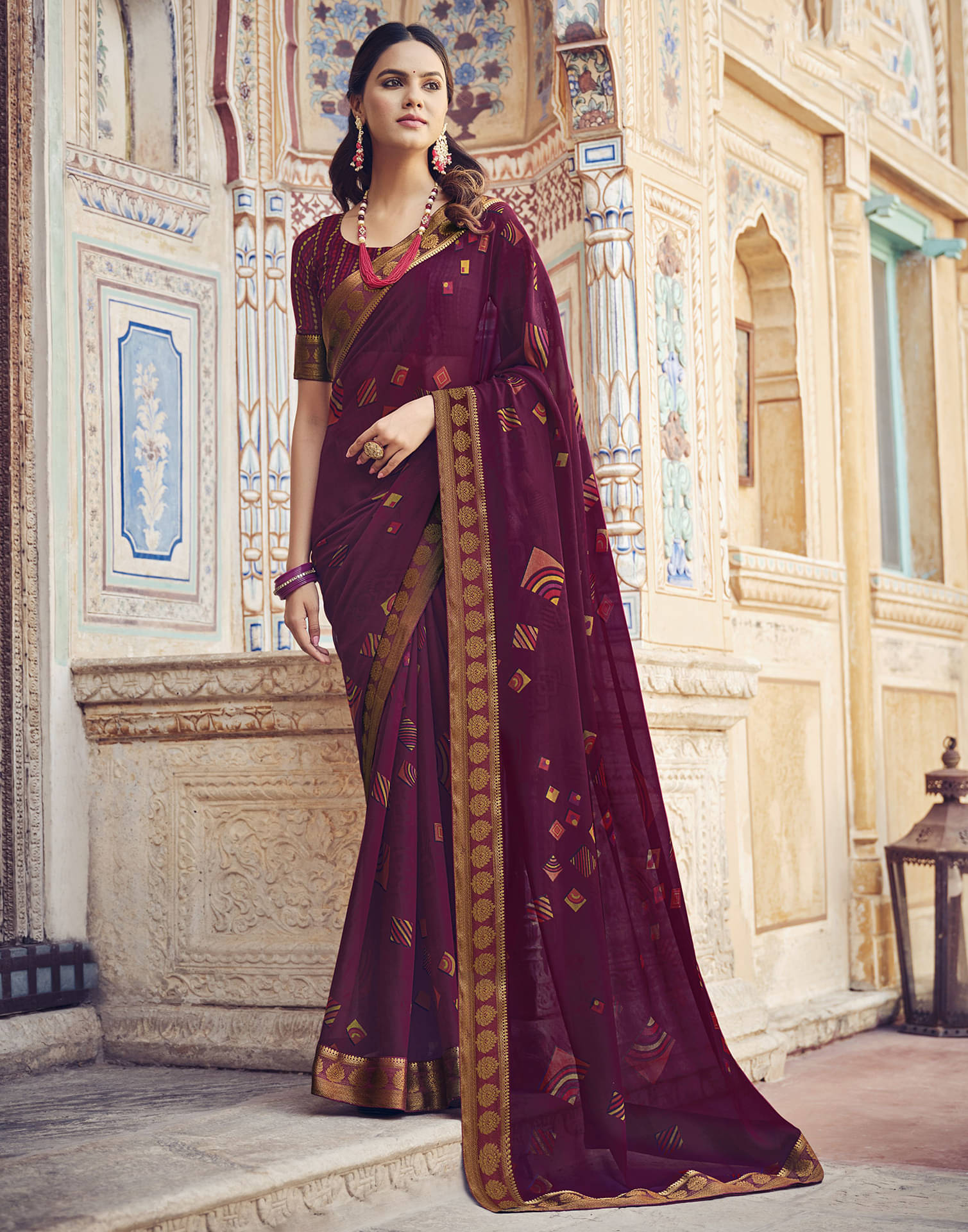     			Samah Georgette Printed Saree With Unstitched Blouse Piece ( Purple )