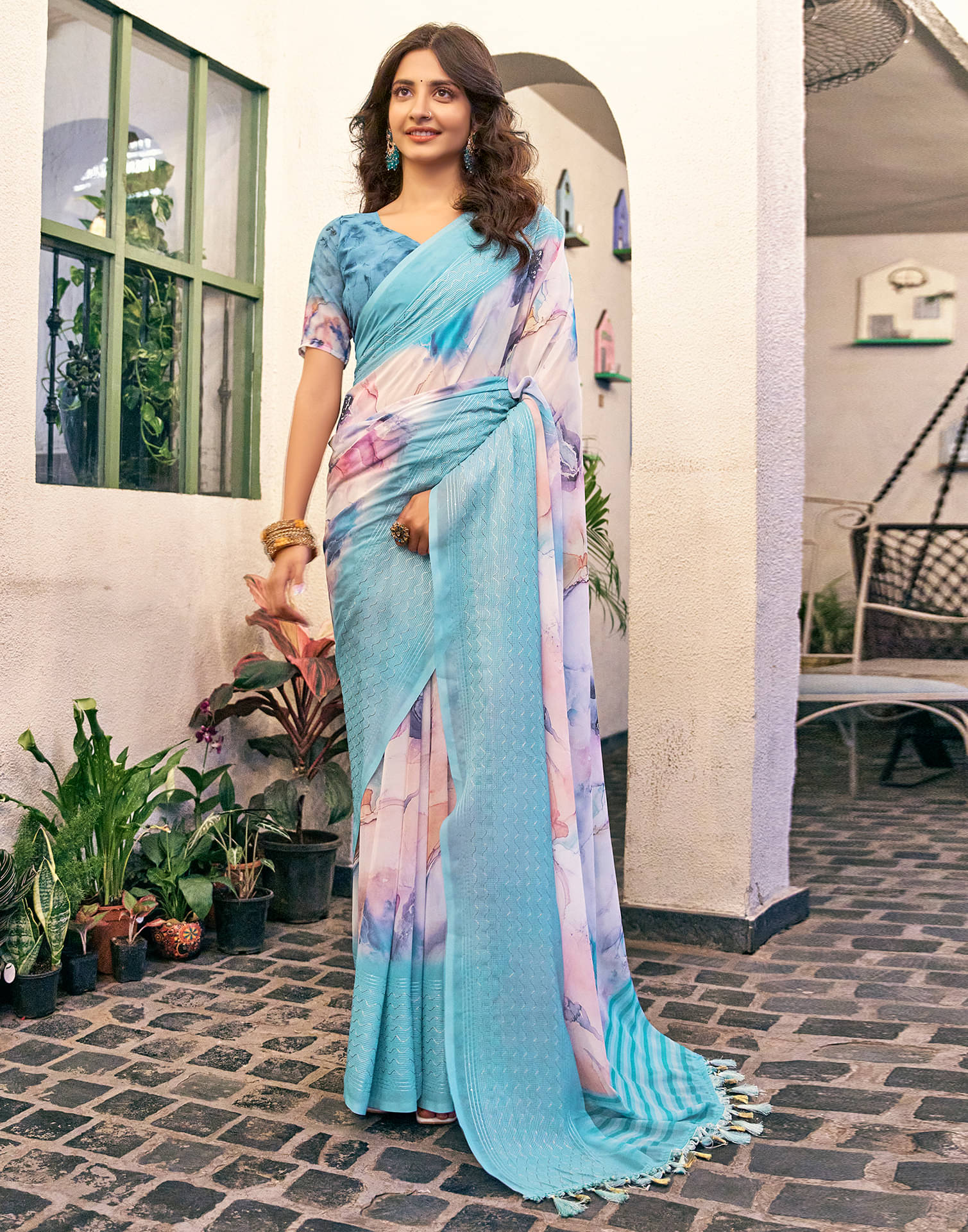Samah Georgette Printed Saree With Unstitched Blouse Piece ( SkyBlue ) Samah Georgette Printed Saree With Unstitched Blouse Piece ( SkyBlue )