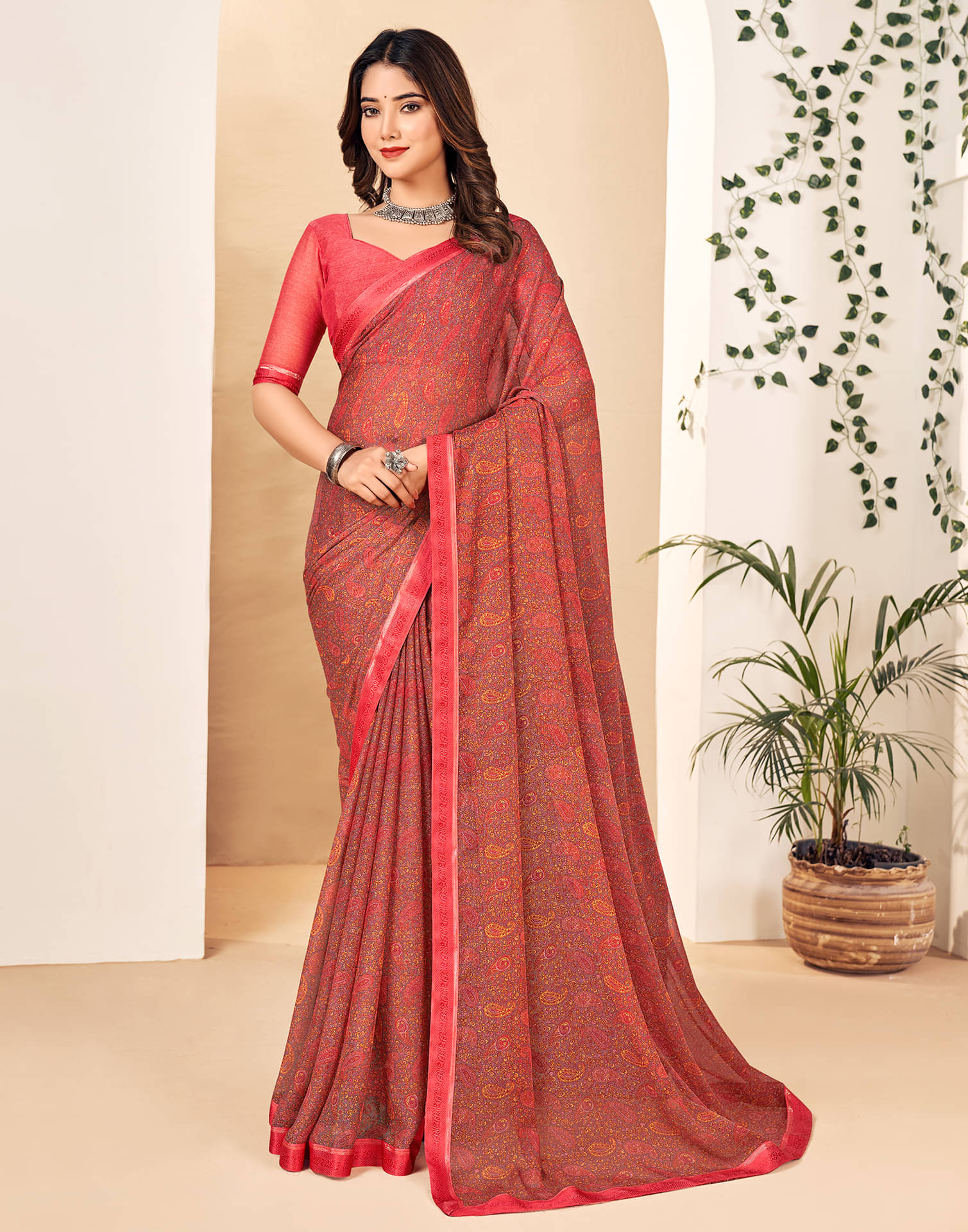     			Samah Georgette Printed Saree With Unstitched Blouse Piece ( Pink )