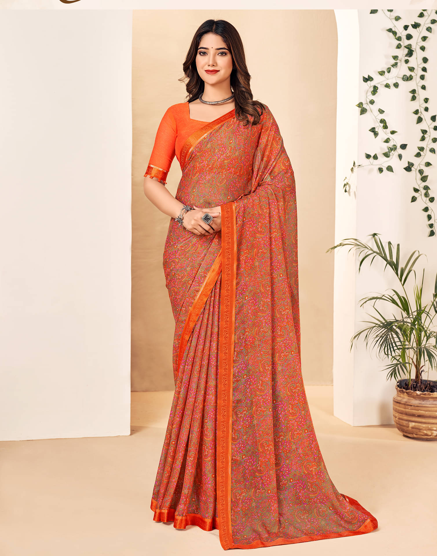 Samah Georgette Printed Saree With Unstitched Blouse Piece ( Rust ) Samah Georgette Printed Saree With Unstitched Blouse Piece ( Rust )
