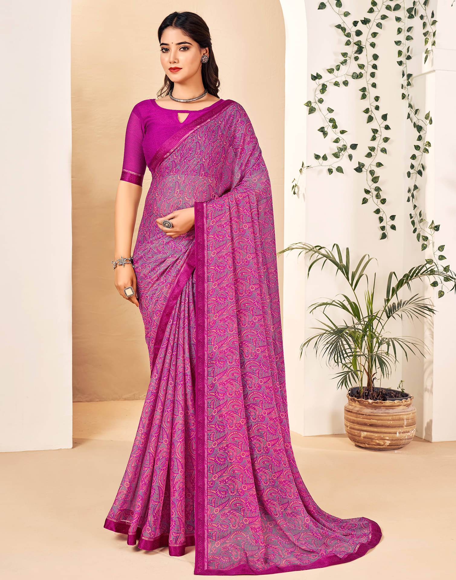     			Samah Georgette Printed Saree With Unstitched Blouse Piece ( Magenta )