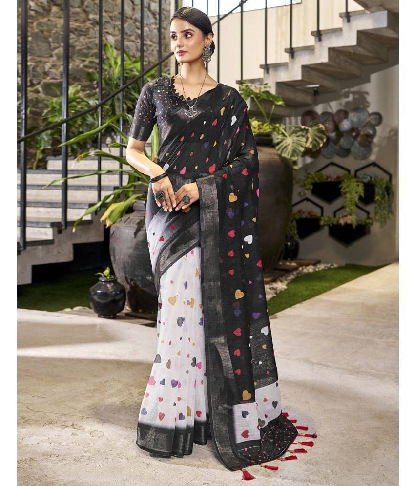     			Samah Linen Printed Saree With Unstitched Blouse Piece ( Black )