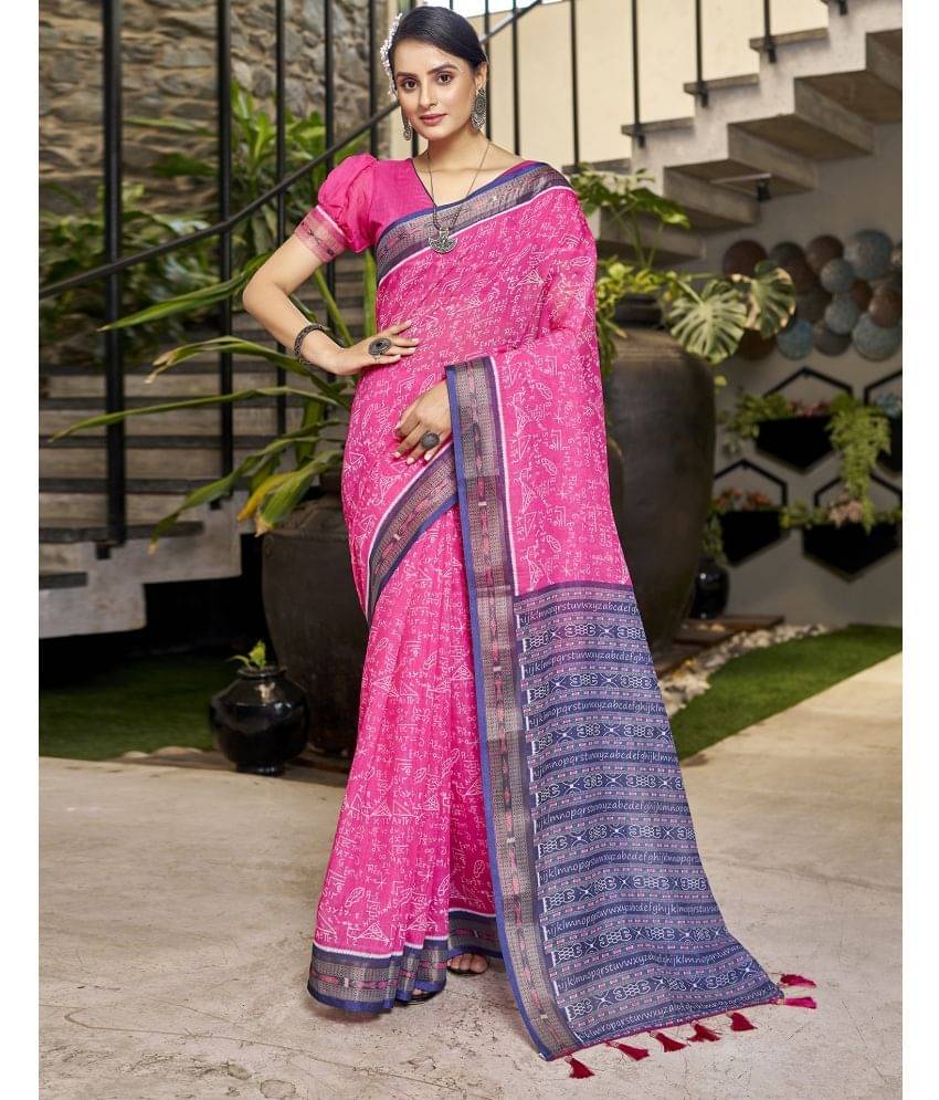     			Samah Linen Printed Saree With Unstitched Blouse Piece ( Pink )