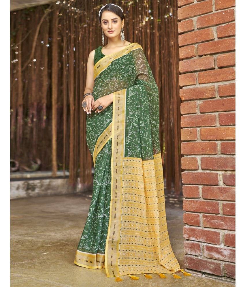     			Samah Linen Printed Saree With Unstitched Blouse Piece ( Green )