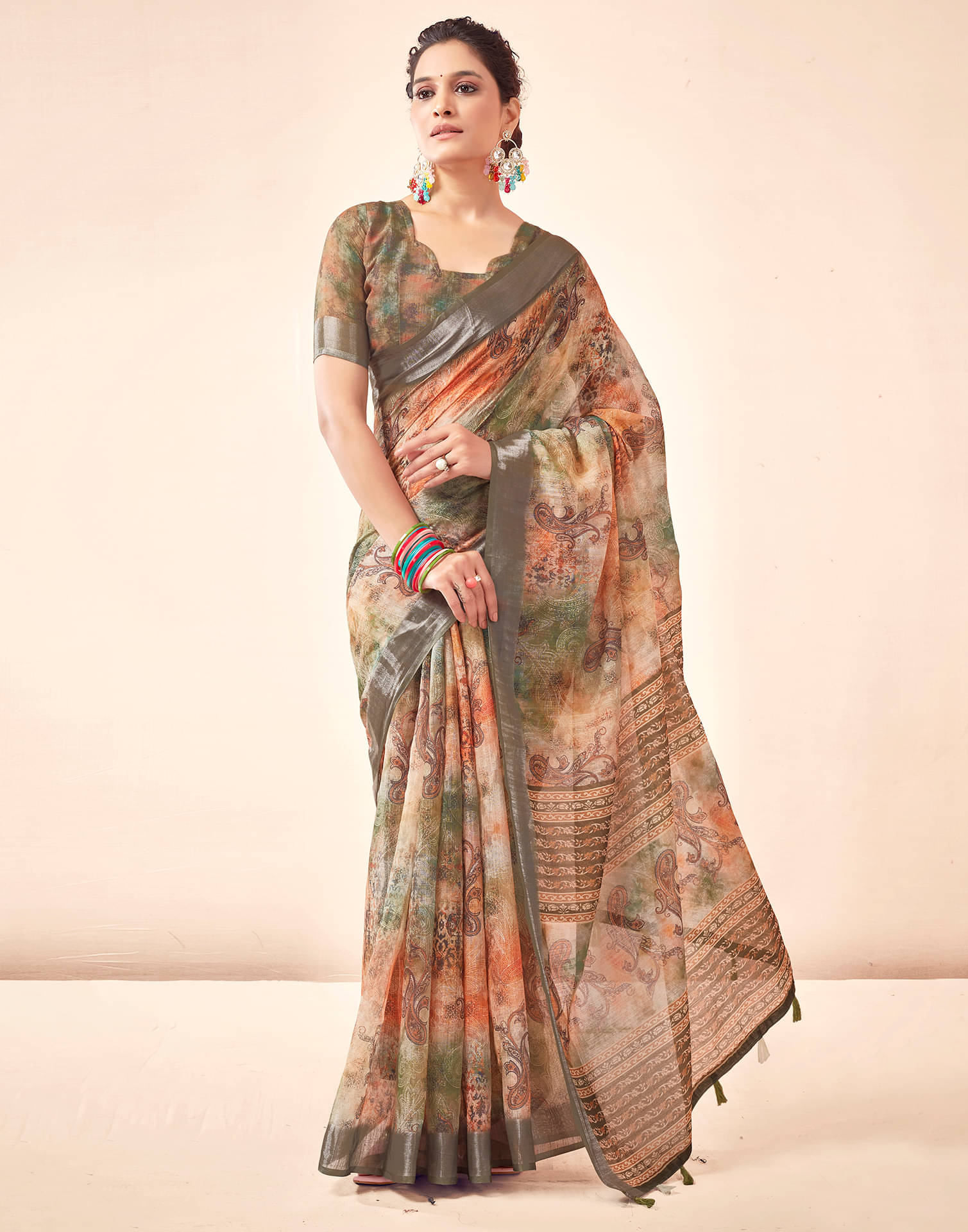     			Samah Linen Printed Saree With Unstitched Blouse Piece ( Beige )