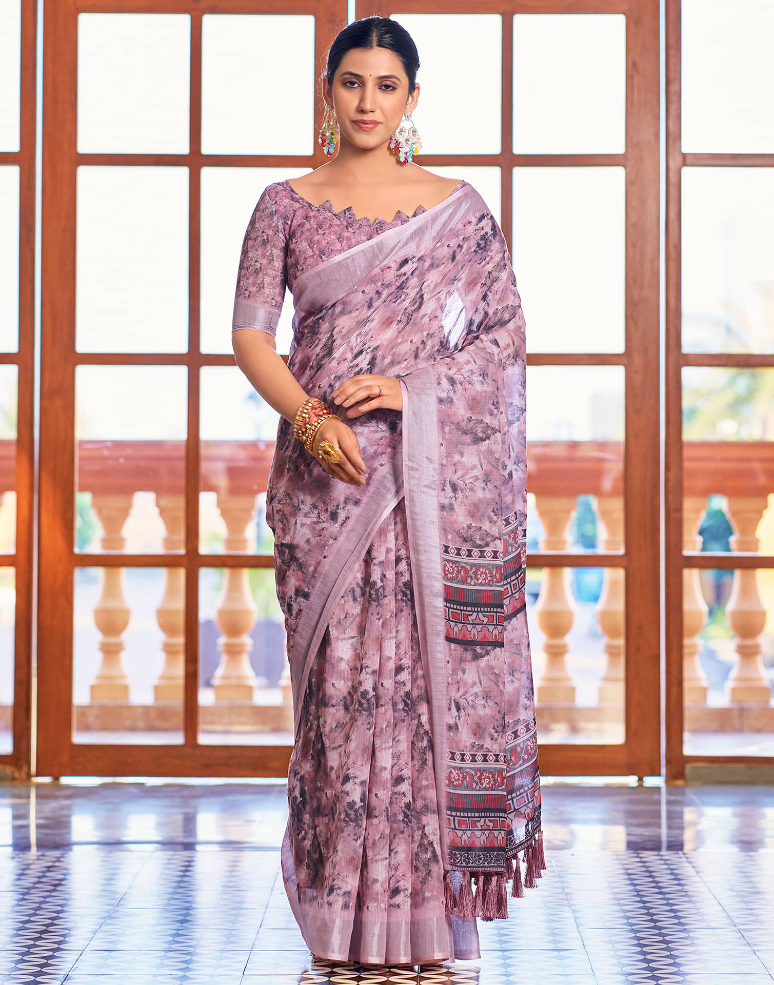     			Samah Linen Printed Saree With Unstitched Blouse Piece ( Pink )