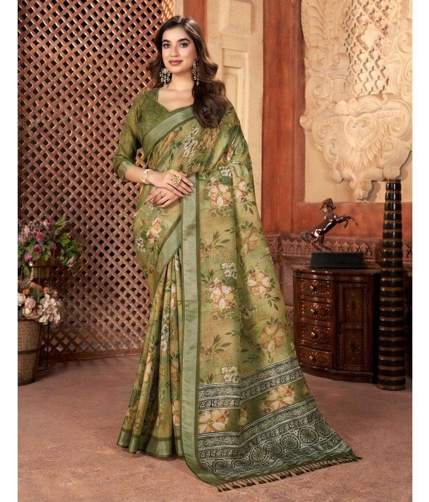 Samah Linen Printed Saree With Unstitched Blouse Piece ( Olive ) Samah Linen Printed Saree With Unstitched Blouse Piece ( Olive )