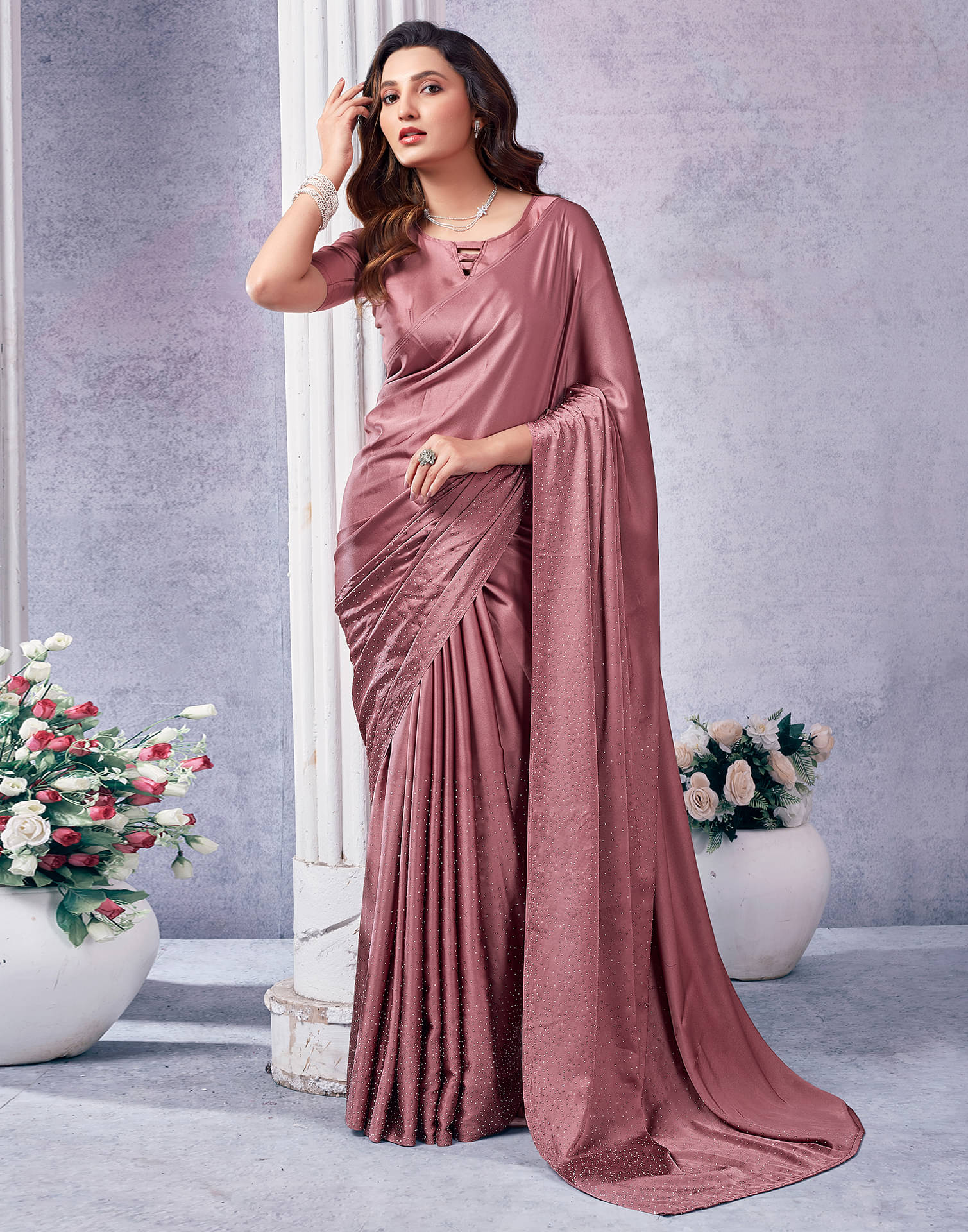 Samah Satin Embellished Saree With Unstitched Blouse Piece ( Mauve ) Samah Satin Embellished Saree With Unstitched Blouse Piece ( Mauve )