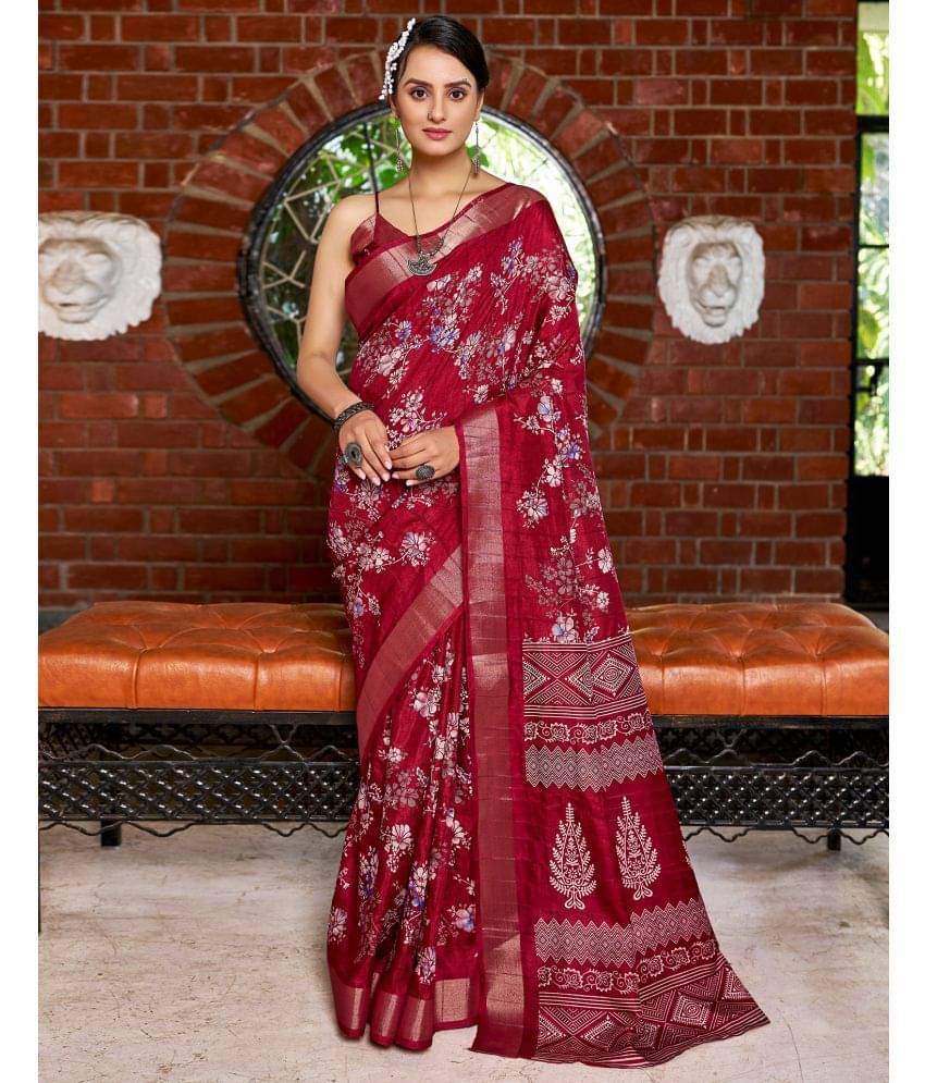 Samah Silk Printed Saree With Unstitched Blouse Piece ( Maroon ) Samah Silk Printed Saree With Unstitched Blouse Piece ( Maroon )