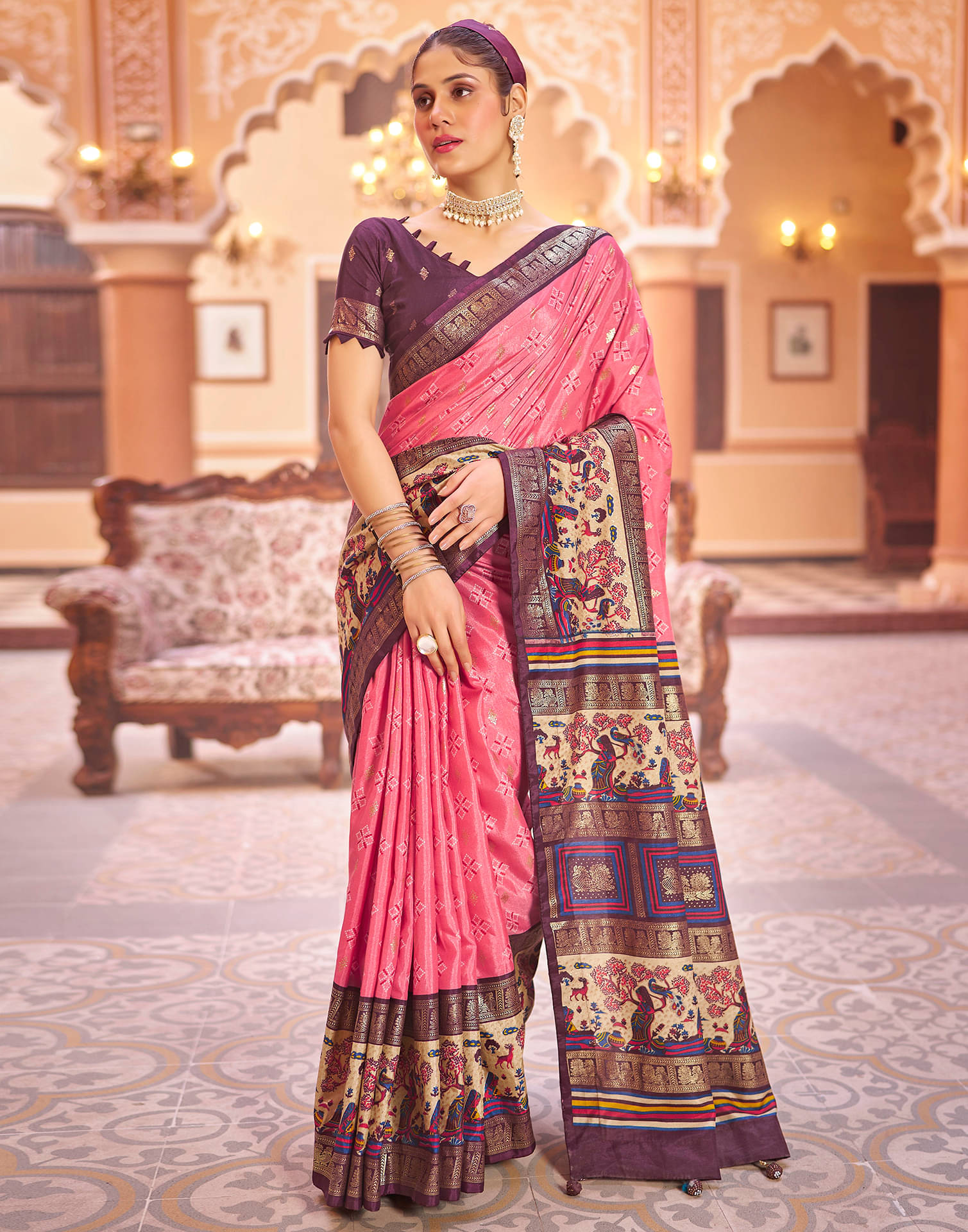 Samah Silk Printed Saree With Unstitched Blouse Piece ( Pink ) Samah Silk Printed Saree With Unstitched Blouse Piece ( Pink )