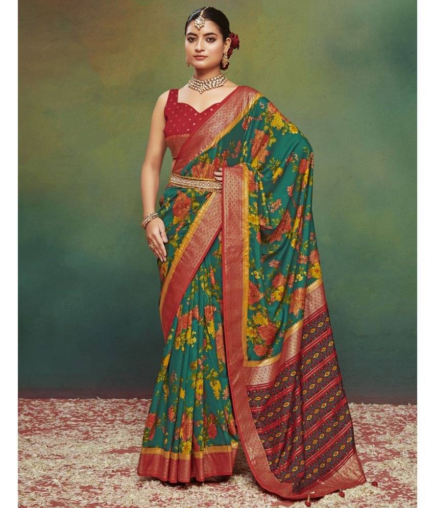 Samah Silk Printed Saree With Unstitched Blouse Piece ( Green ) Samah Silk Printed Saree With Unstitched Blouse Piece ( Green )