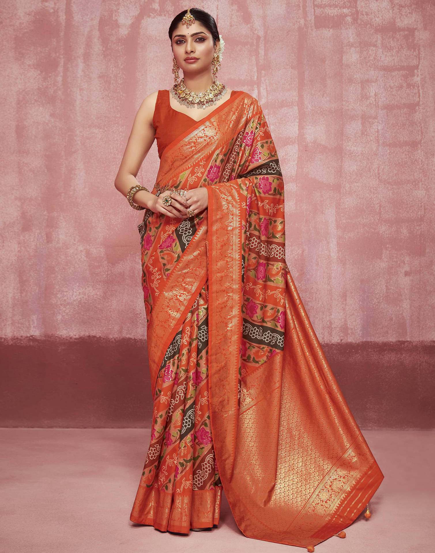 Samah Silk Printed Saree With Unstitched Blouse Piece ( Rust ) Samah Silk Printed Saree With Unstitched Blouse Piece ( Rust )