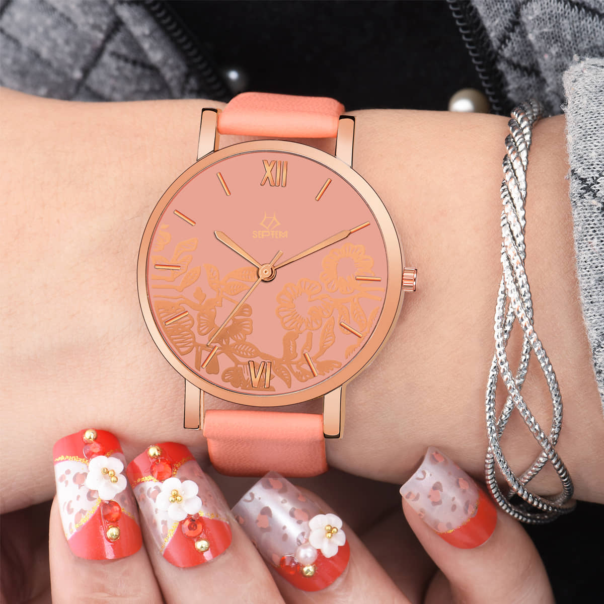 Septem Peach Leather Analog Womens Watch