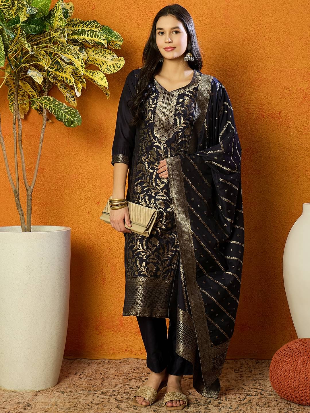 Vaamsi Chanderi Embellished Kurti With Pants Women's Stitched Salwar Suit - Navy Blue ( Pack of 1 ) Vaamsi Chanderi Embellished Kurti With Pants Women's Stitched Salwar Suit - Navy Blue ( Pack of 1 )