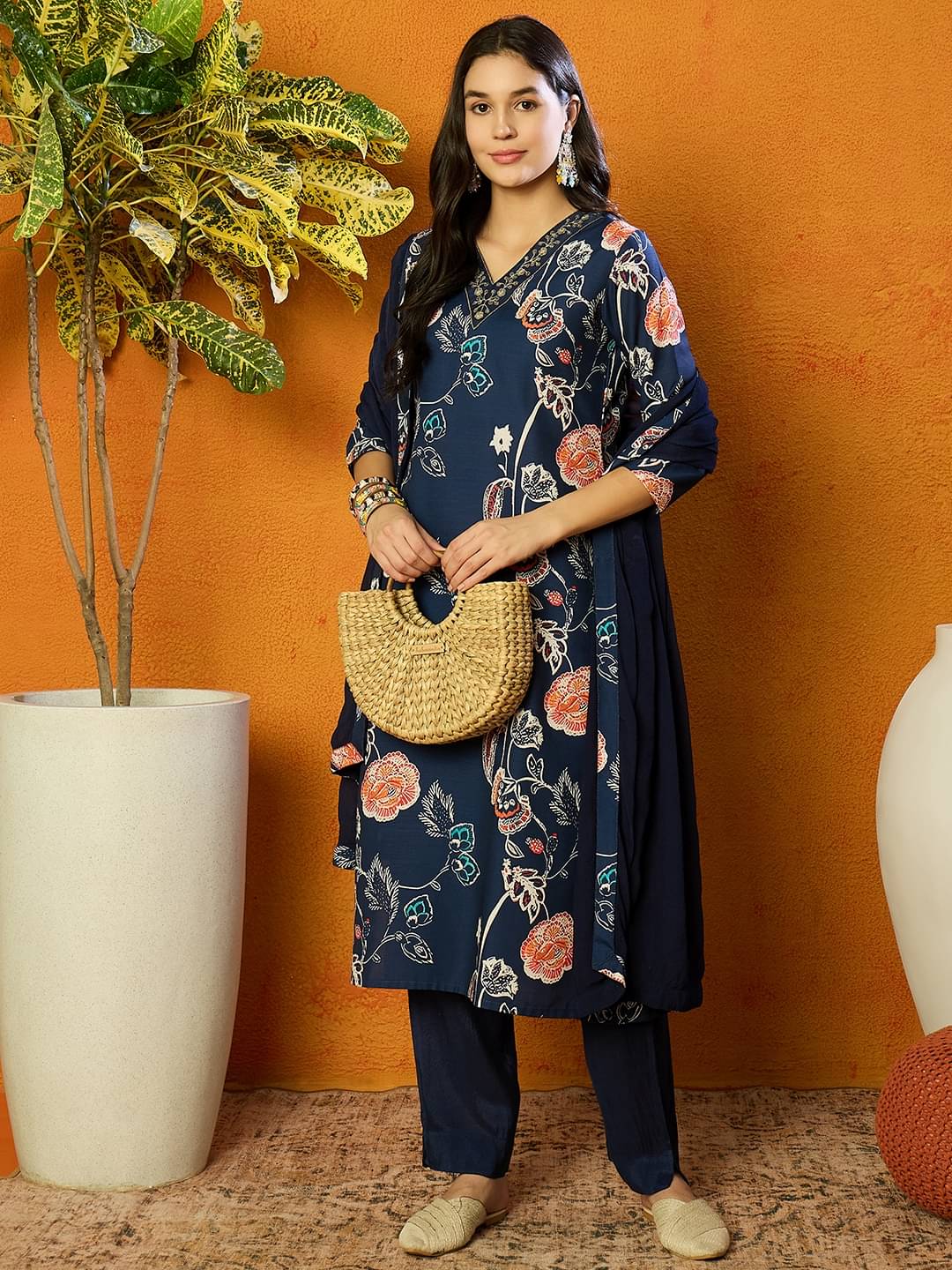     			Vaamsi Cotton Blend Printed Kurti With Pants Women's Stitched Salwar Suit - Blue ( Pack of 1 )