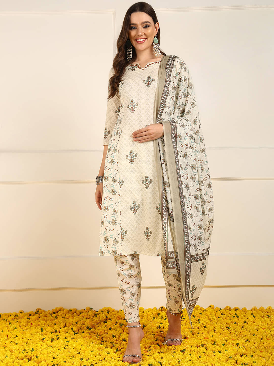 Vaamsi Cotton Printed Kurti With Pants Women's Stitched Salwar Suit - Cream ( Pack of 1 ) Vaamsi Cotton Printed Kurti With Pants Women's Stitched Salwar Suit - Cream ( Pack of 1 )