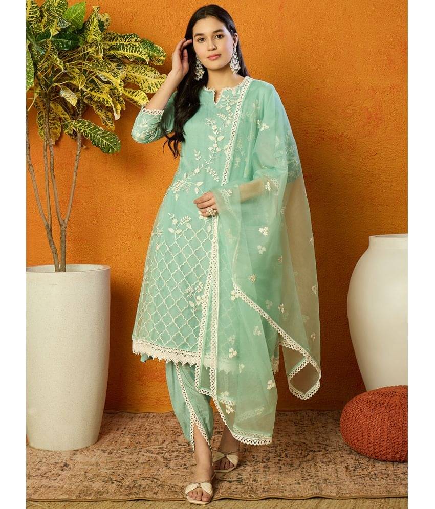     			Vaamsi Organza Embroidered Kurti With Dhoti Pants Women's Stitched Salwar Suit - Sea Green ( Pack of 1 )