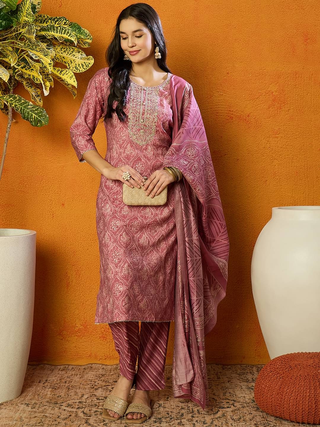     			Vaamsi Silk Blend Embellished Kurti With Pants Women's Stitched Salwar Suit - Pink ( Pack of 1 )