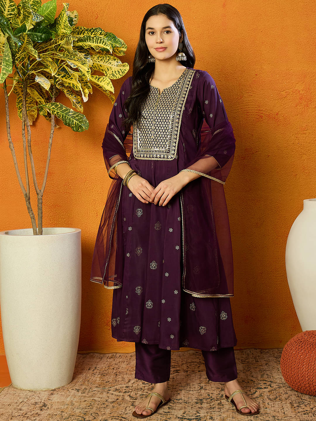     			Vaamsi Women Silk Blend Embroidered Anarkali Kurti With Churidar ( Purple )