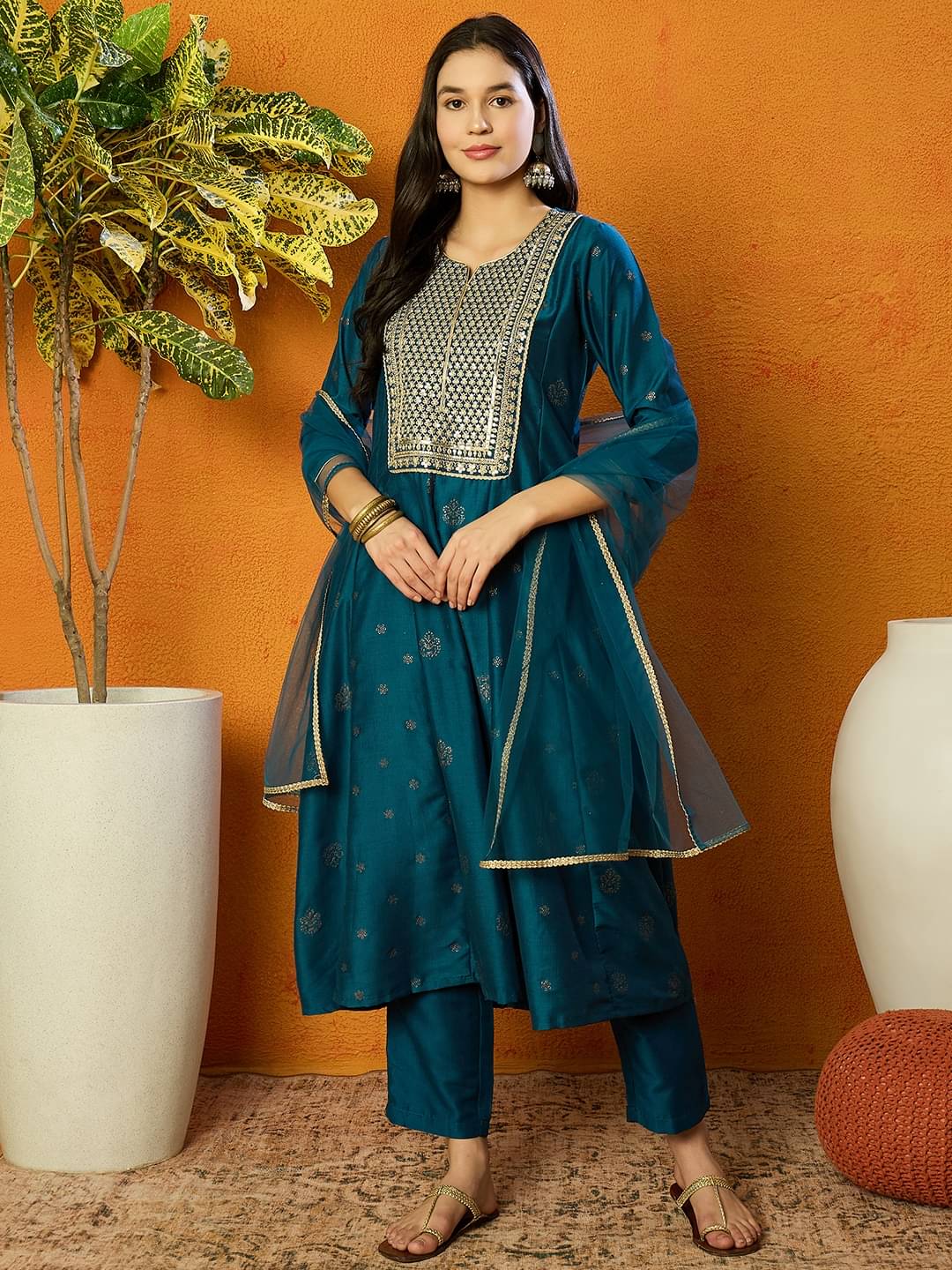     			Vaamsi Silk Blend Embroidered Kurti With Pants Women's Stitched Salwar Suit - Teal ( Pack of 1 )
