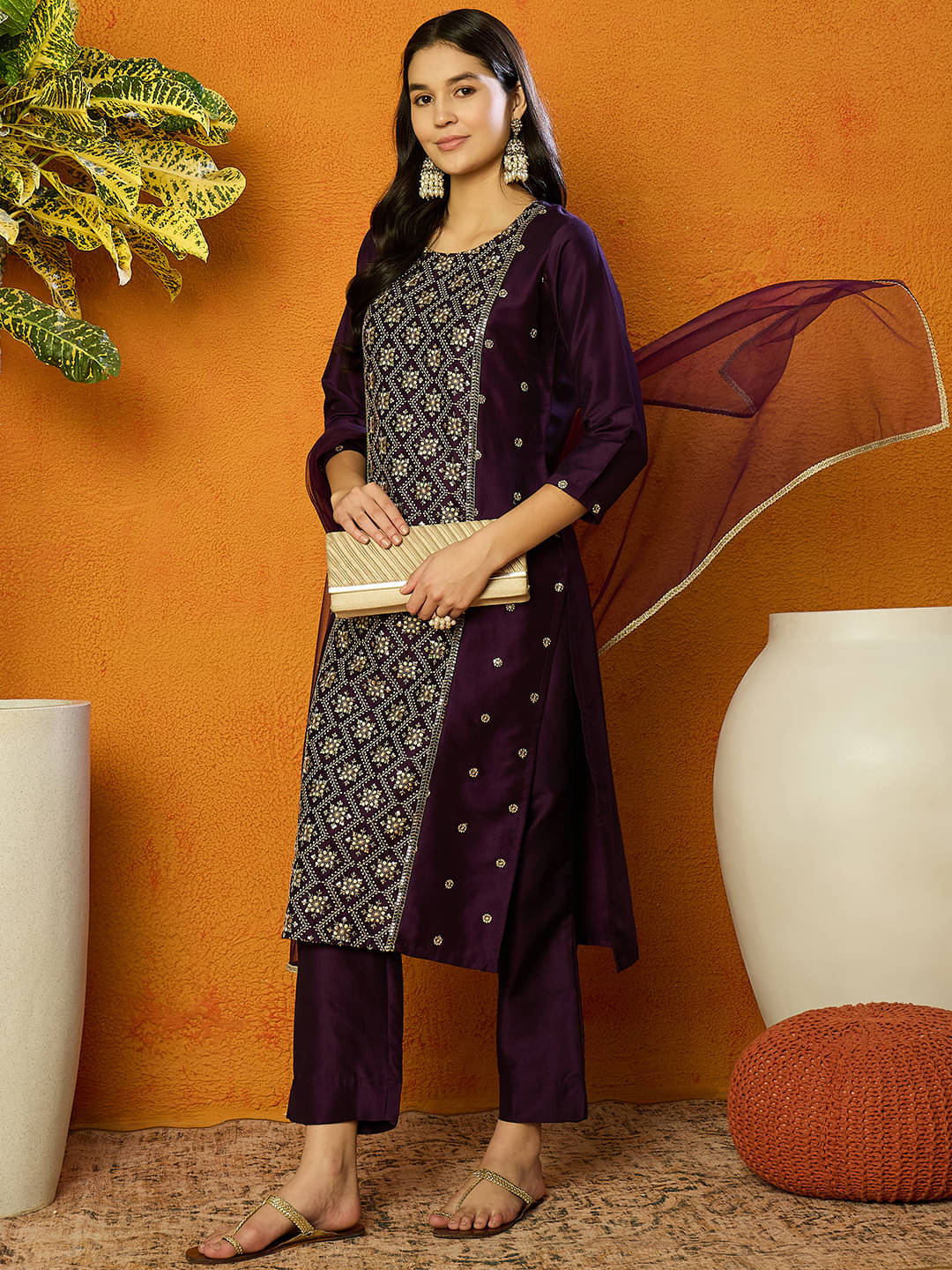     			Vaamsi Silk Blend Embroidered Kurti With Pants Women's Stitched Salwar Suit - Purple ( Pack of 1 )