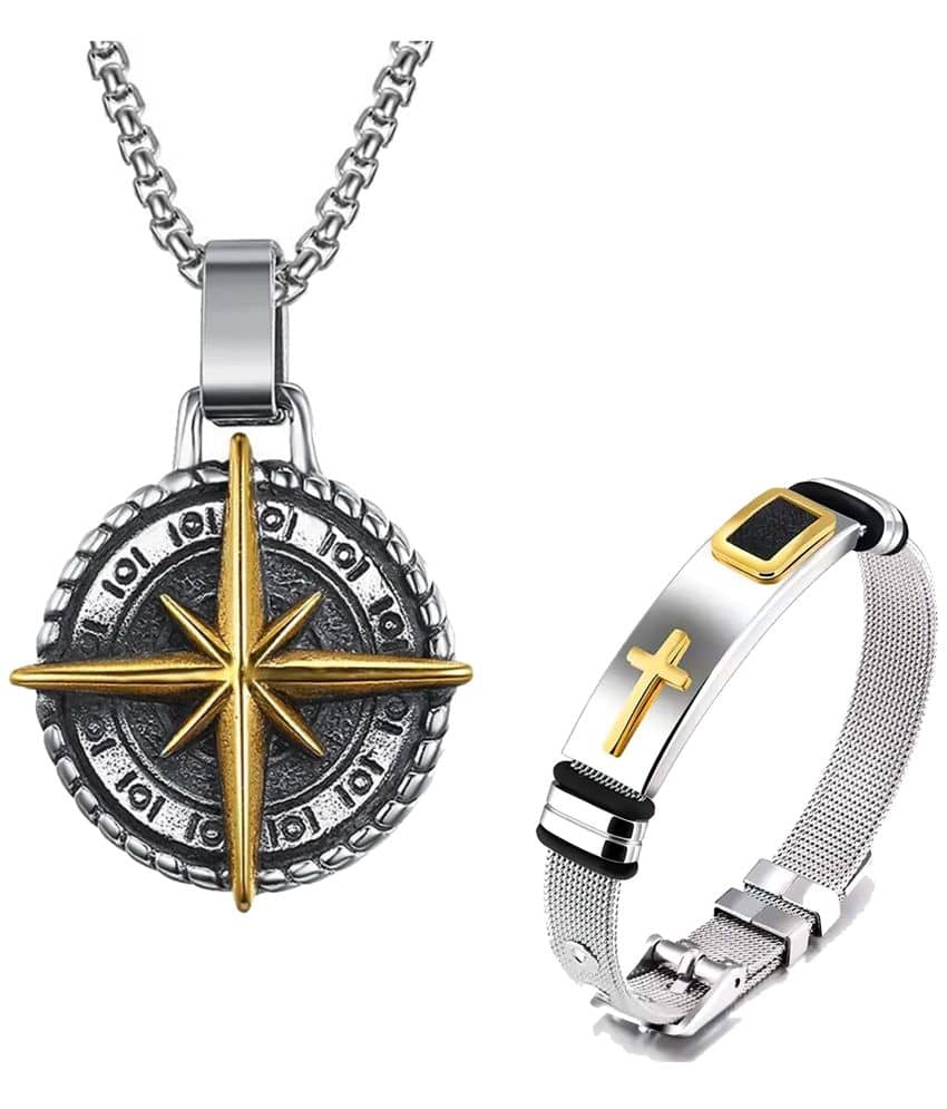 Fashion Frill Silver Chain For Men Stainless Steel Compass Silver Chain Pendant With Silver Bracelet For Men Boys Jewellery Combo
