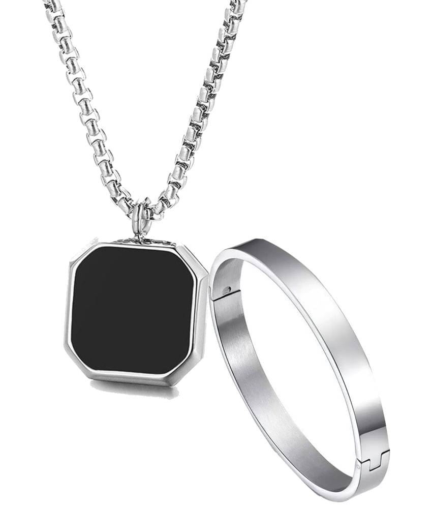     			Fashion Frill Silver Chain For Men Stainless Steel Square Silver Chain Pendant with Silver Kada Bracelet For Men Boys Stylish Mens Jewellery