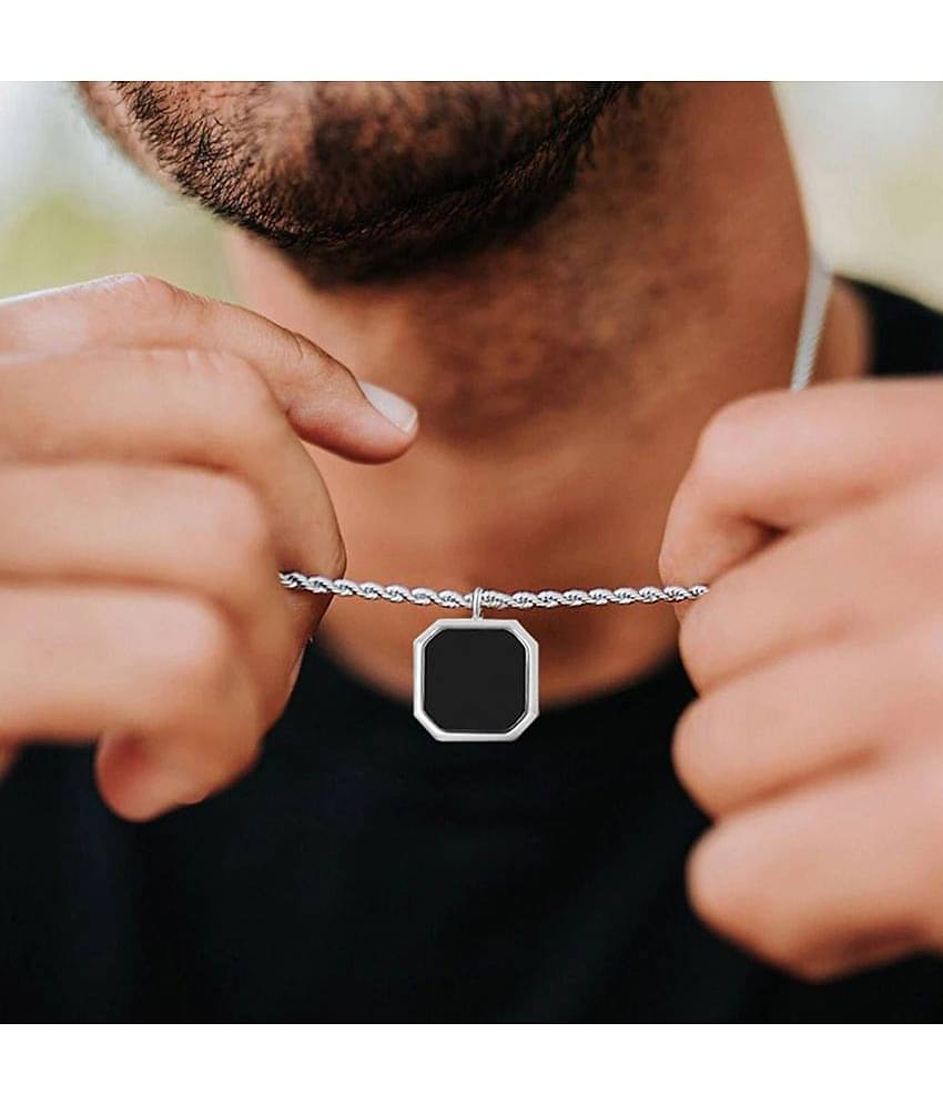 Fashion Frill Silver Chain For Men Stainless Steel Square Silver Chain Pendant with Silver Kada Bracelet For Men Boys Stylish Mens Jewellery