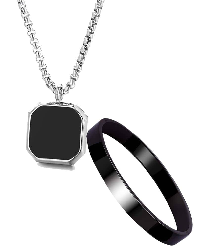 Fashion Frill Silver Chain For Men Stainless Steel Square Silver Chain Pendant with Black Kada Bracelet For Men Boys Stylish Mens Jewellery