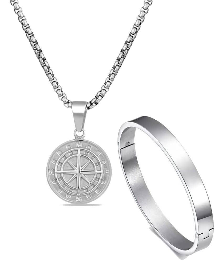 Fashion Frill Silver Chain For Men Stainless Steel Compass Roman Silver Chain Pendant With Silver Bracelet For Men Boys Jewellery Combo