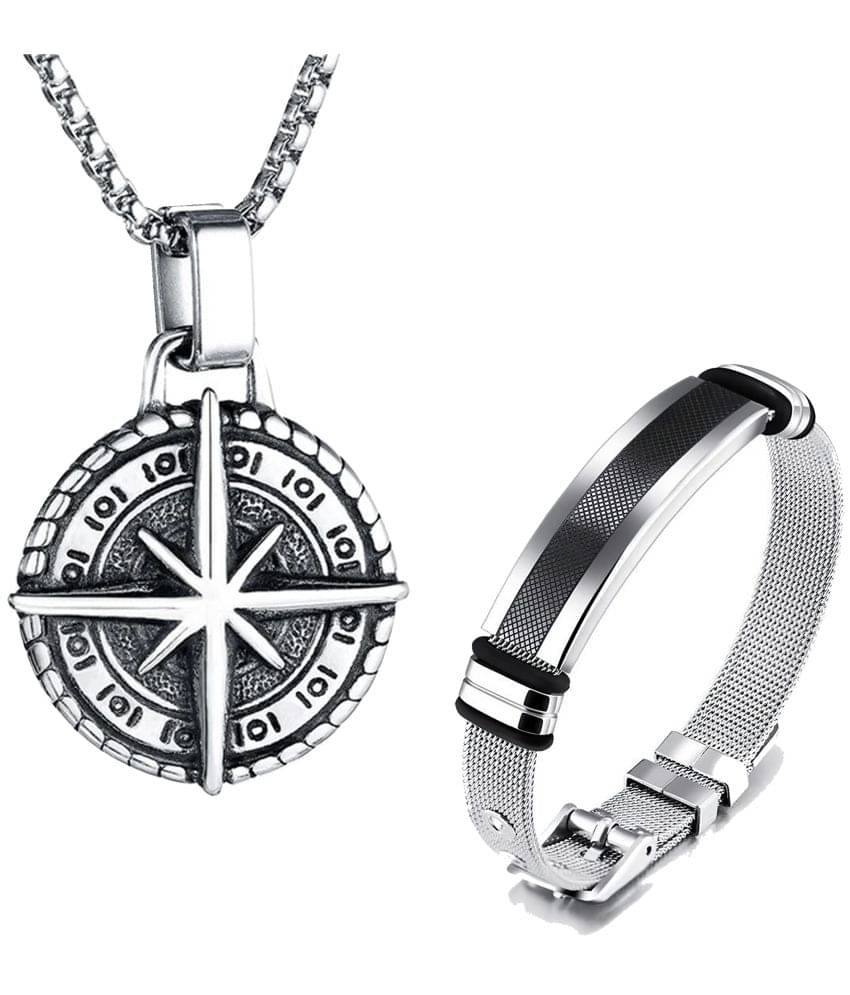     			Fashion Frill Stylish Silver Chain For Men Stainless Steel Compass Silver Chain Pendant With Silver Bracelet For Men Boys Jewellery Combo