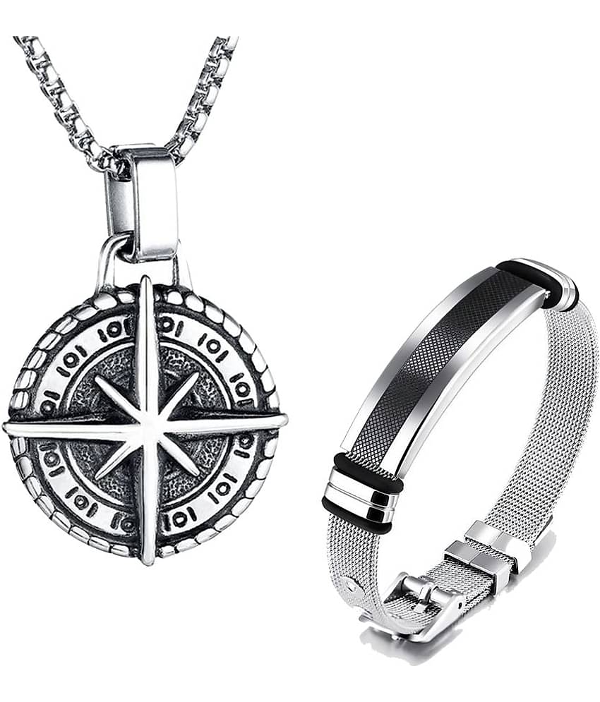 Fashion Frill Stylish Silver Chain For Men Stainless Steel Compass Silver Chain Pendant With Silver Bracelet For Men Boys Jewellery Combo