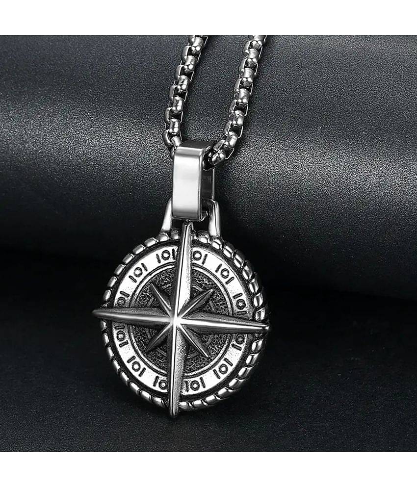 Fashion Frill Stylish Silver Chain For Men Stainless Steel Compass Silver Chain Pendant With Silver Bracelet For Men Boys Jewellery Combo