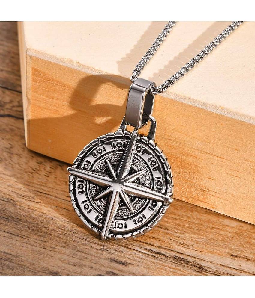 Fashion Frill Stylish Silver Chain For Men Stainless Steel Compass Silver Chain Pendant With Silver Bracelet For Men Boys Jewellery Combo