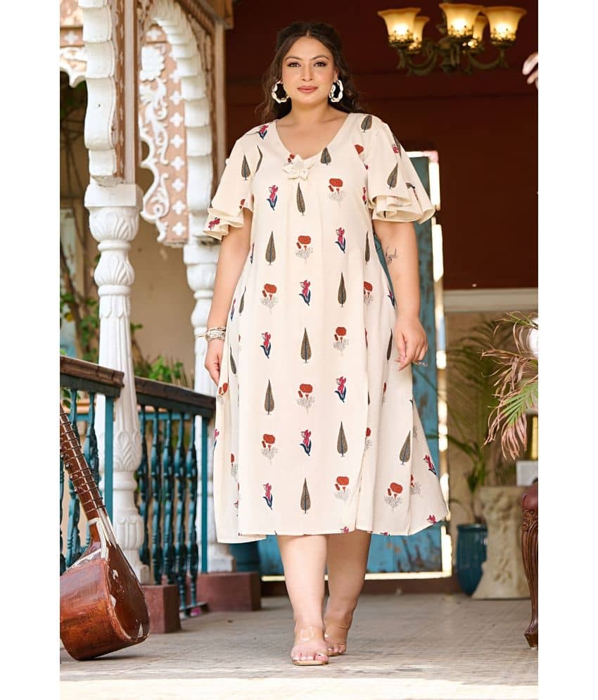 PrettyPlus by Desinoor.com Women Cotton Blend Printed A-line Dress ( Off White )