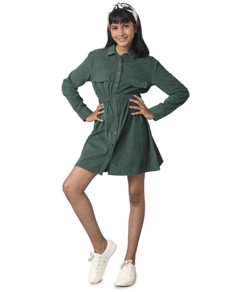     			Under Fourteen Only Cotton Asymmetric Dress For Girls ( Pack of 1 , Green )