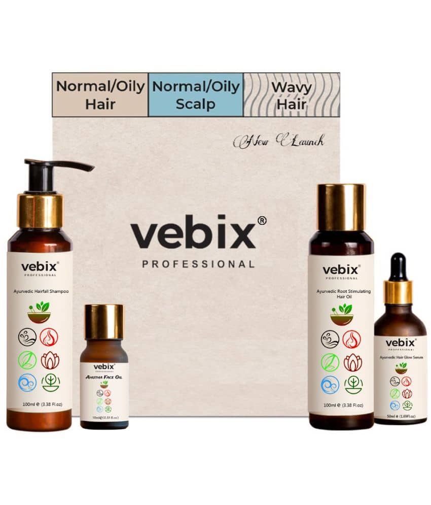 Vebix Professional Customised HairCare Set - 4 Ayurvedic Products Kit -For All Hair- Anti HairFall Oil Neem + Lotus AntiHairfall Shampoo + Face Glowing Serum & Hair Growth Serum