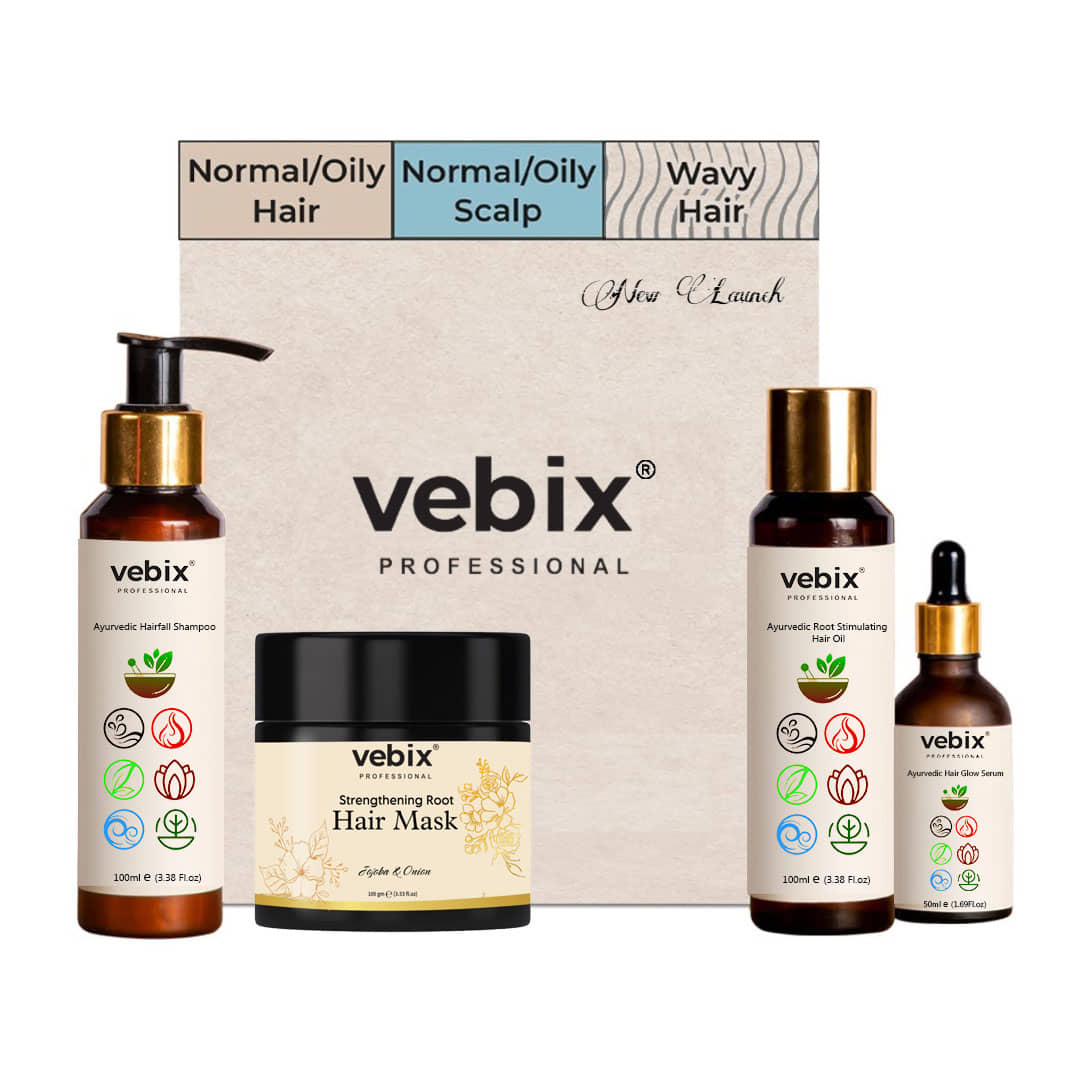 VebixProfessional HairCare Regimen -Ayurvedic 4 Product Vedix Hair Kit -For All Hair - Lotus AntiHairfall Shampoo + Anti HairFall Neem Oil + Hair Keratin Mask & Hair Growth Serum