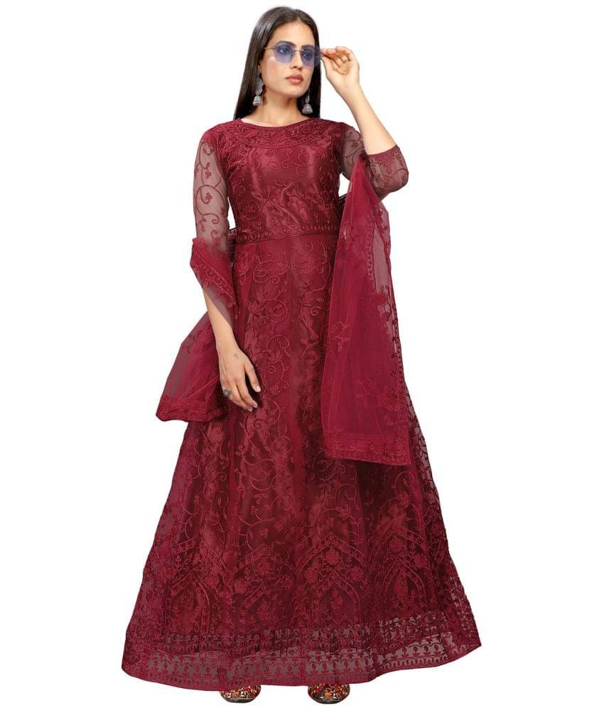 Aika Maroon Flared Net Women's Semi Stitched Ethnic Gown ( Pack of 1 )     			Aika Maroon Flared Net Women's Semi Stitched Ethnic Gown ( Pack of 1 )