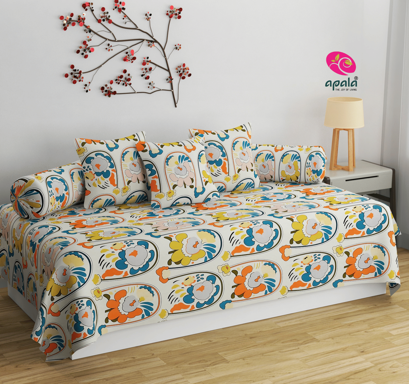     			Apala Cotton Floral Diwan Set 6 Pcs - Cream