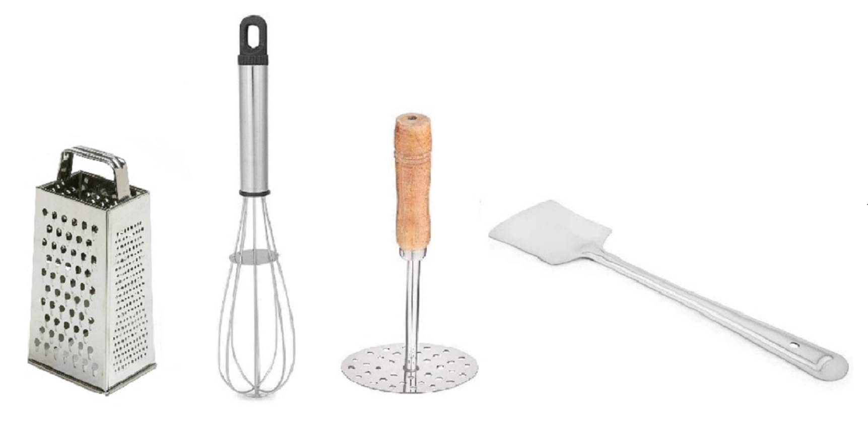     			Dynore Silver Stainless Steel Masher, Palta, Black Whisk and Grater ( Set of 4 )