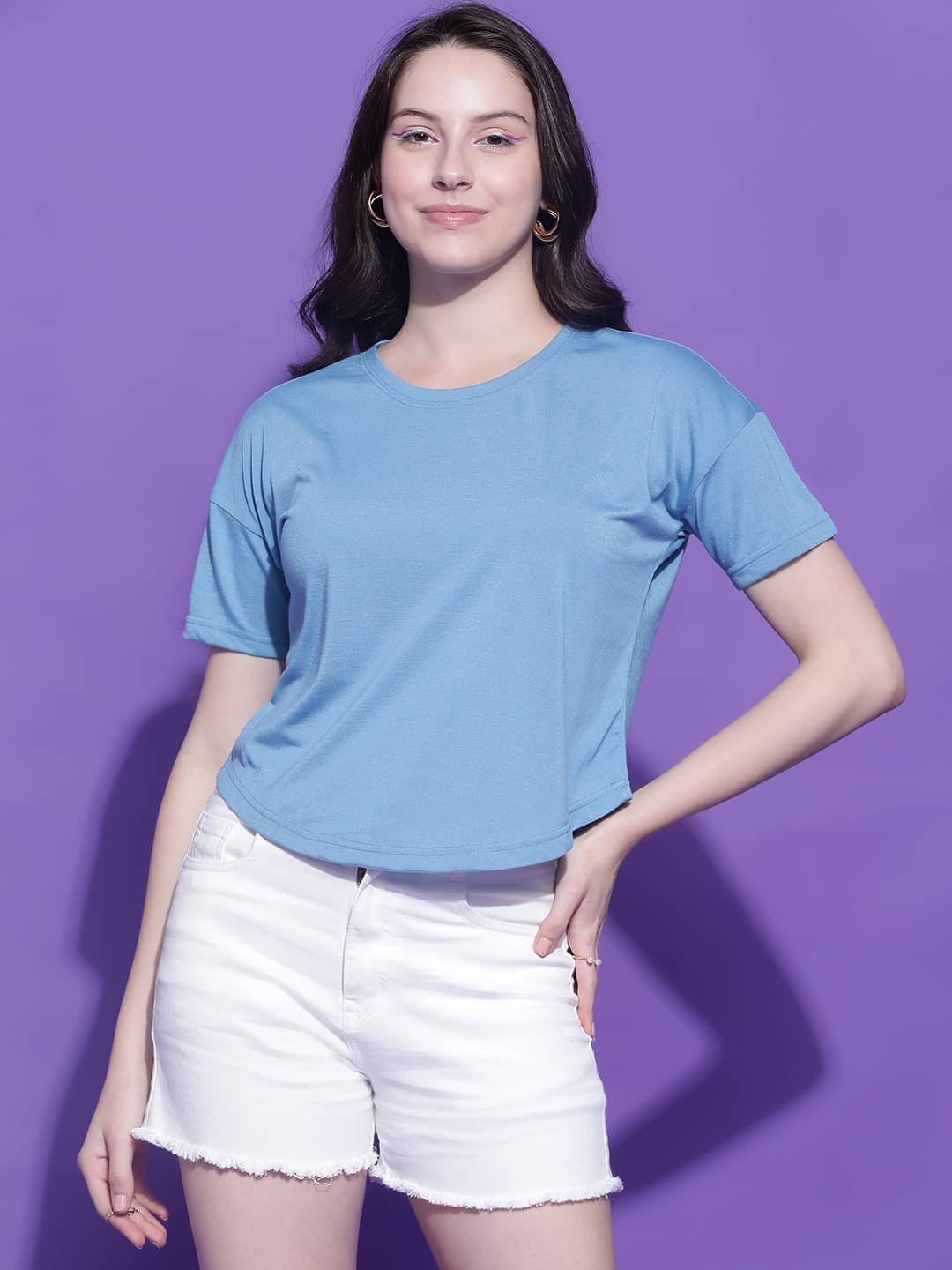 EPPE Women Cotton Blend Solid Regular Fit Round Neck T-Shirt ( Blue ) EPPE Women Cotton Blend Solid Regular Fit Round Neck T-Shirt ( Blue )