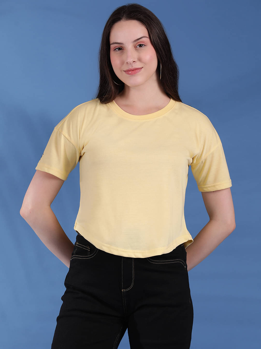 EPPE Women Cotton Blend Solid Regular Fit Round Neck T-Shirt ( Yellow ) EPPE Women Cotton Blend Solid Regular Fit Round Neck T-Shirt ( Yellow )