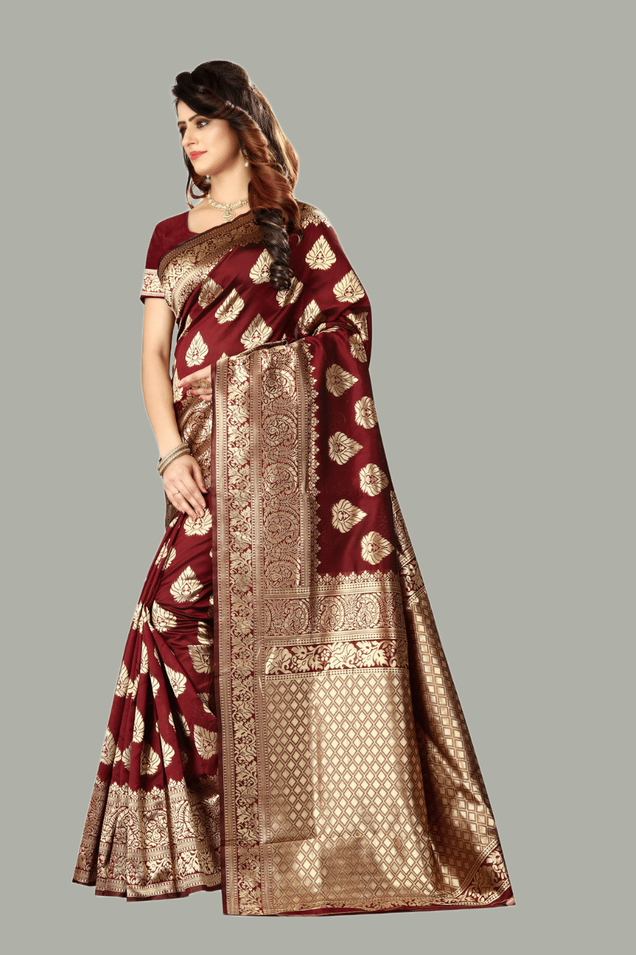     			GARIYA Banarasi Silk Woven Saree With Unstitched Blouse Piece ( Maroon )