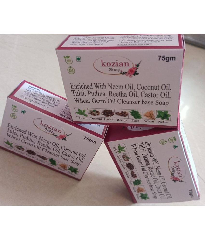 KOZIAN Antibacterial Neem Tulsi Pudina Wheat Germ Oil Soap Soap for All Skin Type ( Pack of 3 ) KOZIAN Antibacterial Neem Tulsi Pudina Wheat Germ Oil Soap Soap for All Skin Type ( Pack of 3 )