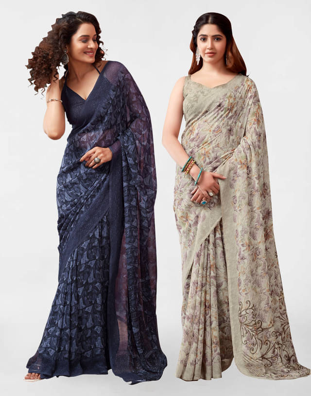     			Samah Georgette Printed Saree With Unstitched Blouse Piece ( Beige )